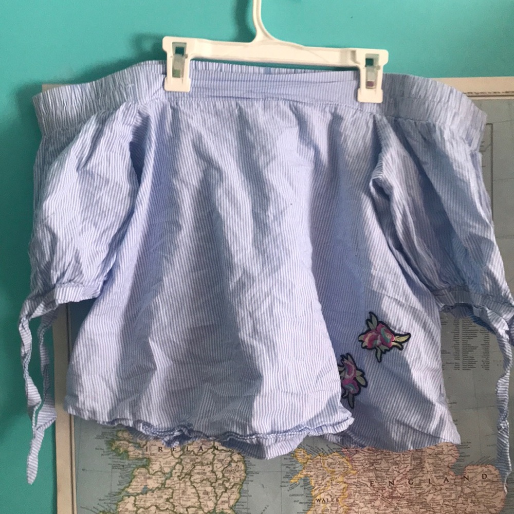 Cute Striped Bardot shoulder embroidered top